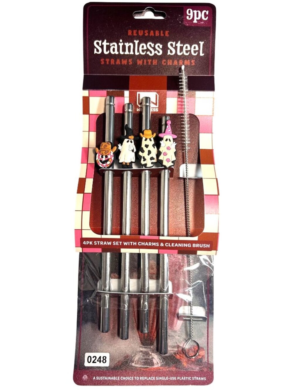 Reusable Stainless Steel Straws Halloween Charms 9-Piece Set Cleaning Brush